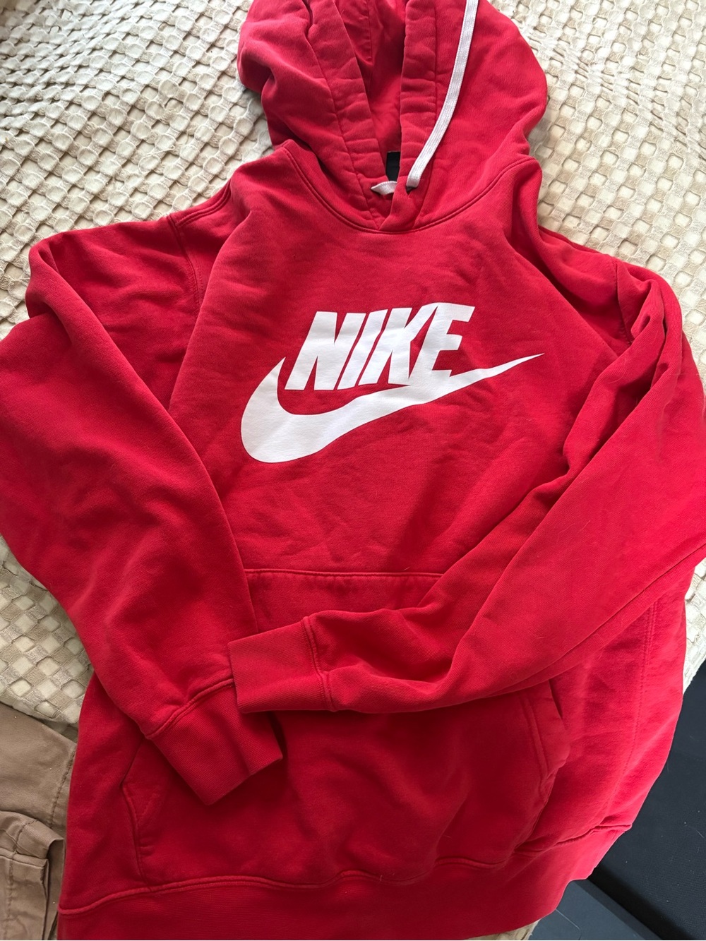 Nike Red Hoodie with White Swoosh and Drawstrings
